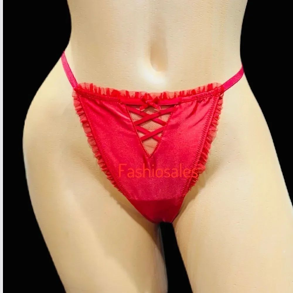 Victorias Secret Dream Angels Soft Satin Ruffle Trim V String thong Panty Red
